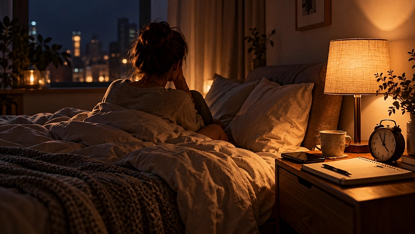 Девушка сидит на кровати поздним вечером, рядом на тумбочке стоят часы, лампа и блокнот для записей 