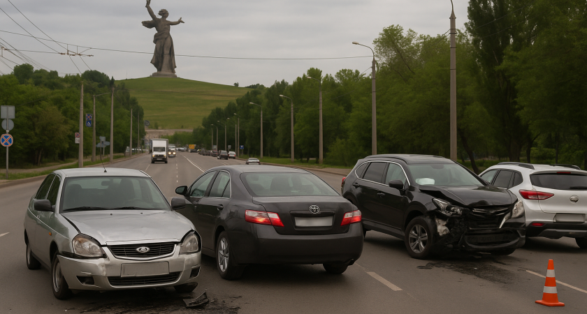 В Волгограде на Рокоссовского у Мамаева кургана LADA Priora устроила массовое ДТП — пострадали сразу три машины